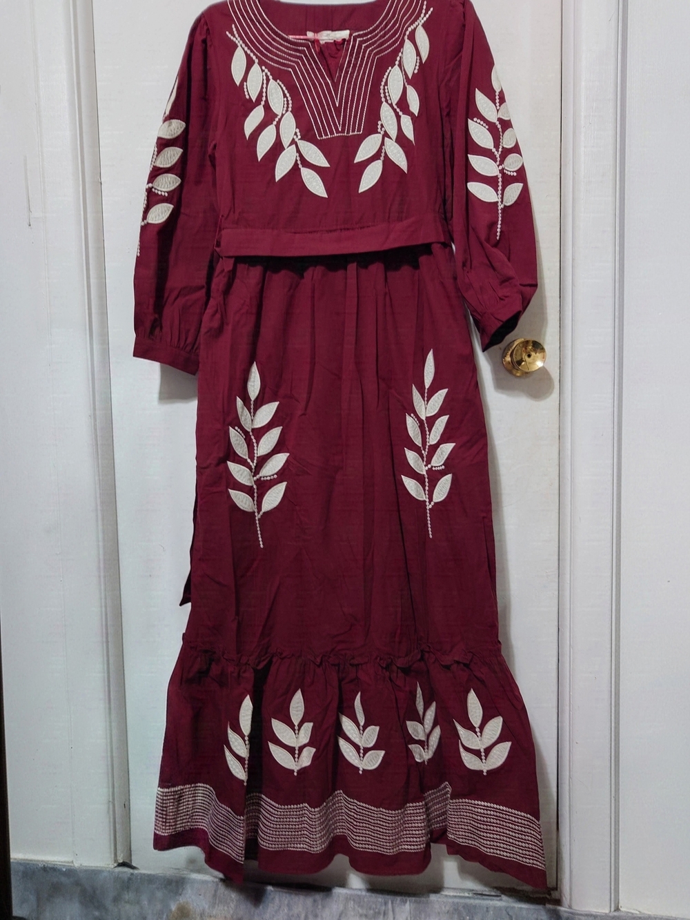 Solitaire Maroon Embroidered Dress W/ Side Pockets,Separate Belt,Pleated Sleeves
